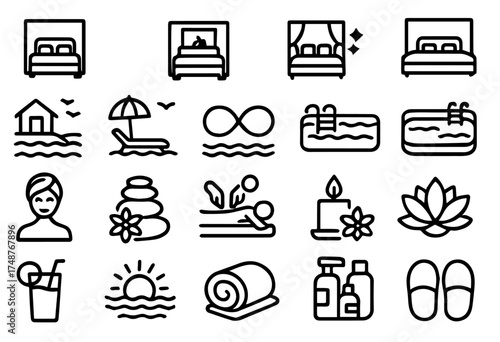 Relaxing activities and serene symbols for a perfect getaway and spa experience by the beach