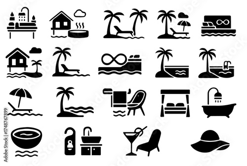 Relaxing vacation icons featuring beach activities, tropical settings, and leisure time by the water