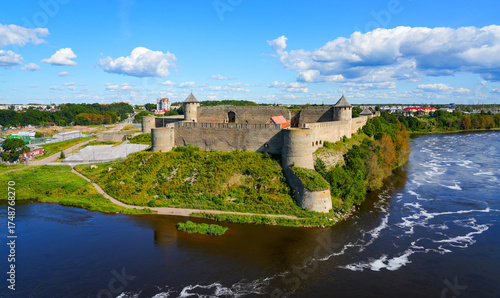 Aerial view of the Ivangorod Fortress, a Russian medieval castle located on the banks of the Narva river in the Leningrad Oblast across the International border with Estonia and the EU