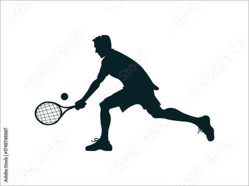Tennis Player Silhouette Hitting Forehand or Low Volley Vector