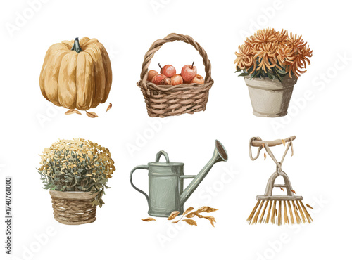 Autumn elements vector set. Pumpkin, apples, flowers, garden tools in watercolor gouache style. Cozy hand drawn collection illustration.