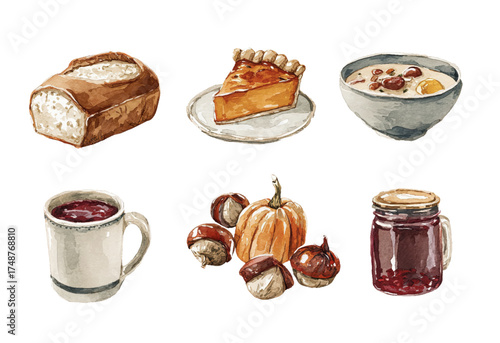 Autumn food vector set. Watercolor pie, bread, porridge, jam, chestnut, pumpkin, mug, hand drawn gouache style collection illustration.