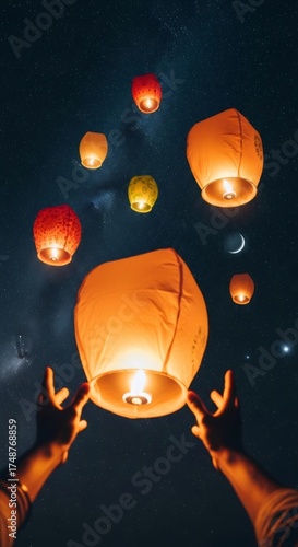 A person releasing a brightly lit sky lantern into the night sky filled with stars and other glowing lanterns. Celebration concept for Diwali.
