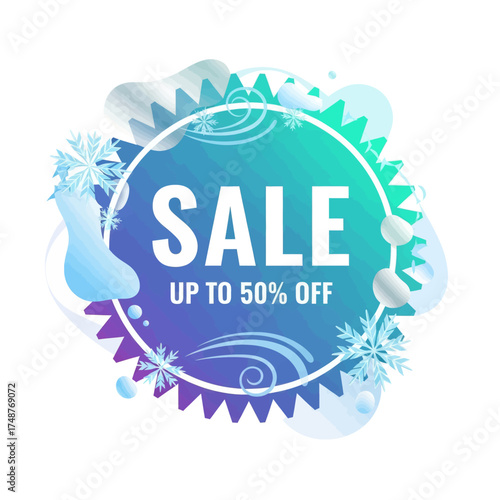 Winter sale banner with snowflakes and abstract shapes.