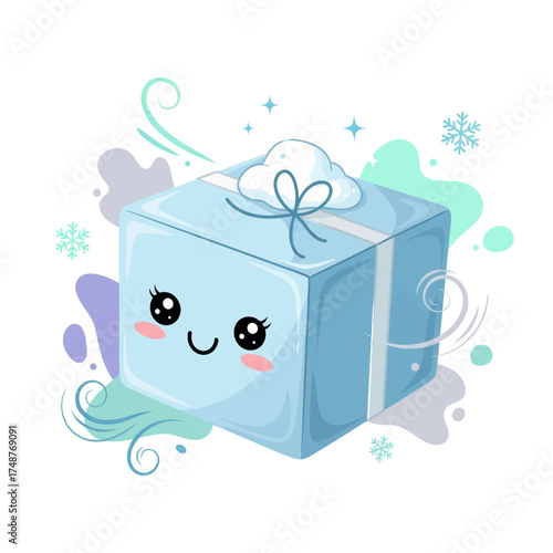 A cute, cartoonish blue ice cube with a happy face, tied with a ribbon and a cloud decoration.