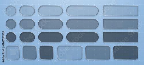Glass morphism user interface button set. Liquid glassy element for website design, app, or UI application. Modern transparent panel element for graphic design.