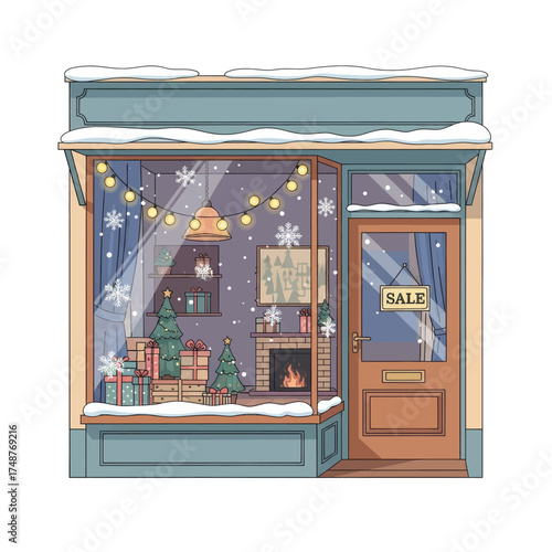 Illustrated storefront with a cozy Christmas window display featuring a fireplace, gifts, and string lights.