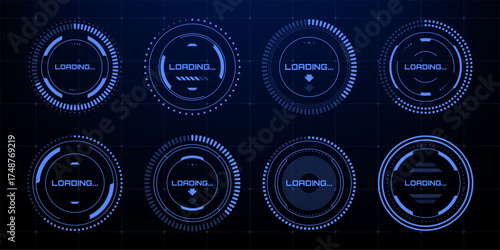 Set of blue hud vector loading progress circle indicators. Futuristic interface design concept for data processing or game element.