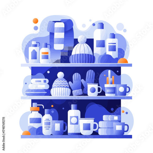 A vibrant illustration of winter clothing and toiletries displayed on shelves, featuring hats, scarves, mittens, mugs, and bottles.