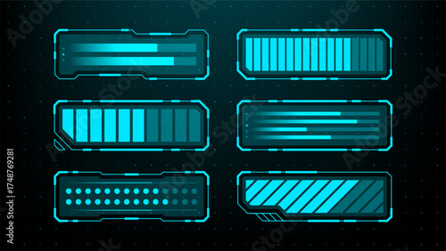Collection of futuristic head up display (HUD) progress bar interface elements. Digital data loading and processing status display for software.