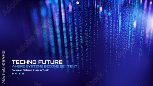 Data stream background with vibrant blue and purple dots indicating digital flow. Concept of artificial intelligence and machine learning.