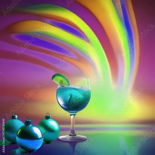 Glass of cocktail with Christmas baubles