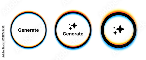 Three generate buttons with creative and glowing colorful outlines. Interface design elements for generating content. Vector graphic for web design.