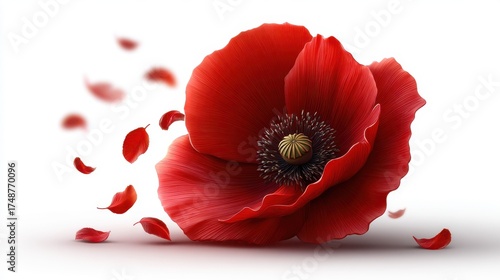 Vibrant Red Poppy Flower with Petals Isolated on White Background Reflecting Beauty and Elegance in Nature