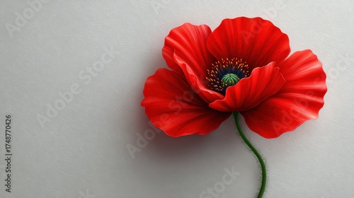 Vibrant Red Poppy Flower on Soft Background with Detailed Petals and Green Stem in a Minimalist Design