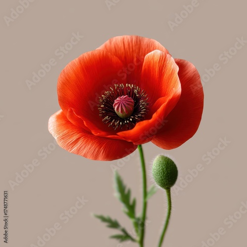 Vibrant Red Poppy Flower with Soft Petals and Green Bud Against Neutral Background
