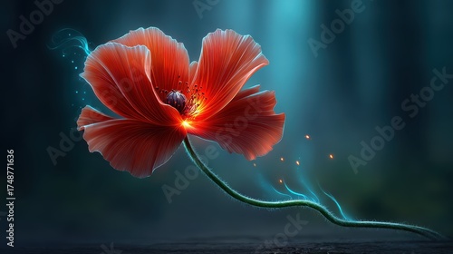 Stunning Close-Up of a Vibrant Red Flower in a Mystical Forest Setting with Ethereal Lighting Effects