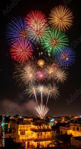 Colorful Diwali fireworks exploding above a beautifully lit up house and cityscape at night for celebration and festivity.