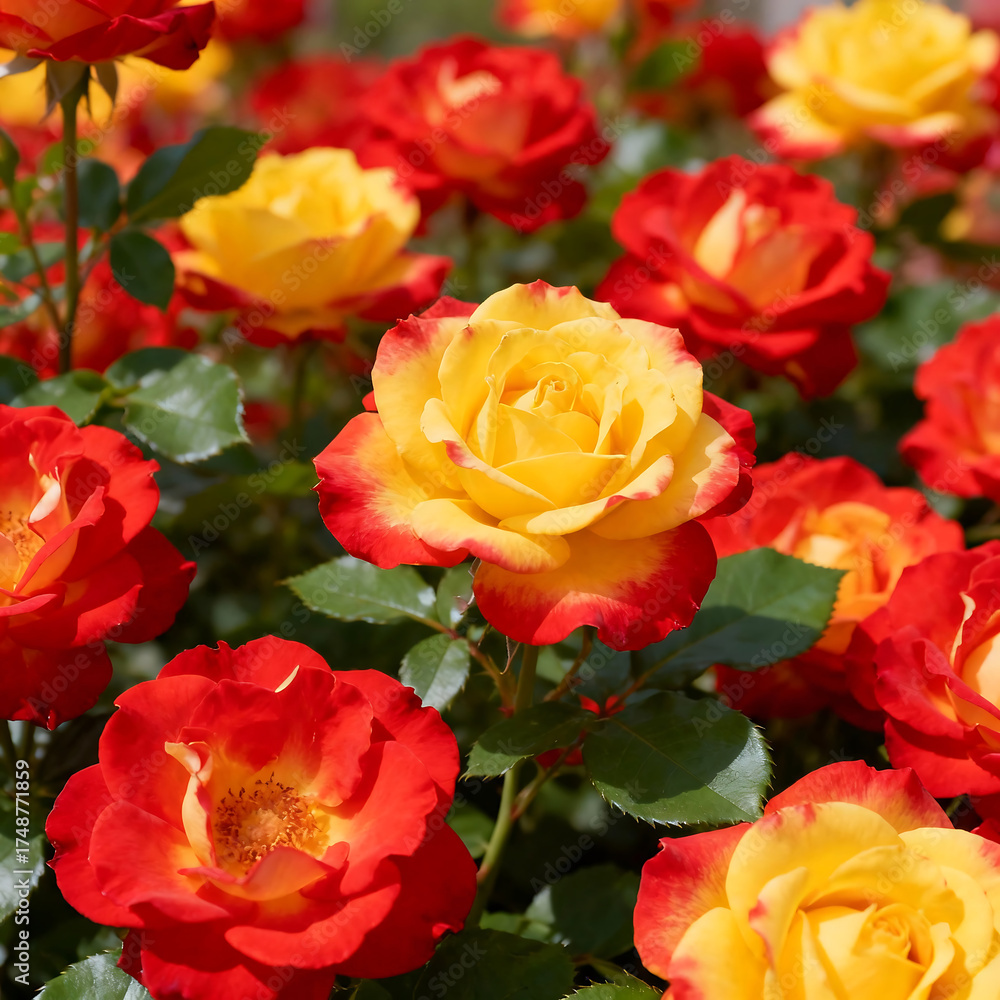 Fototapeta premium Close-up of vibrant red and yellow roses blooming in a garden, showcasing their delicate petals and lush green foliage.