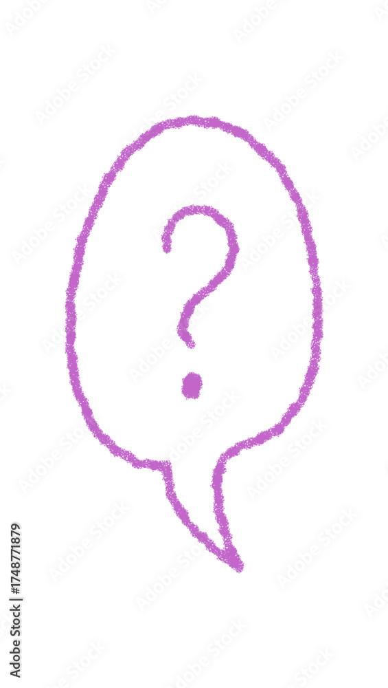 Obraz premium Crayon contour question balloon forms a speech bubble. Chat and talk icon for conversation or message. Hand drawn purple style, modern look, perfect for communication, post or web media template.