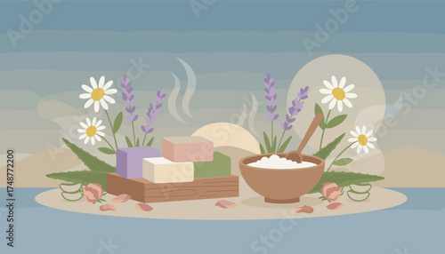 Natural skincare and spa essentials with soaps bath salts lavender daisies aloe for wellness