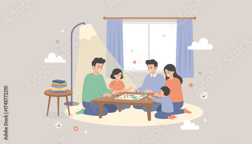 Happy family playing board game at home under warm lamp light enjoying quality time together