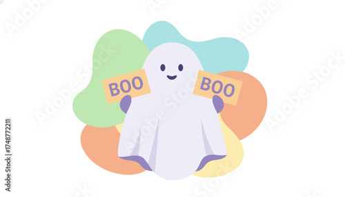 Friendly ghost holding BOO signs Cute Halloween fun perfect for seasonal designs