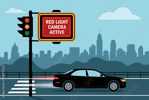 Red light camera active sign and car speeding through intersection cityscape
