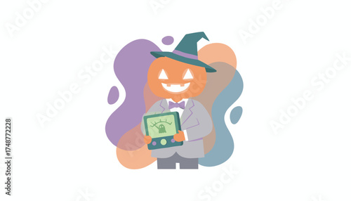 Cartoon jackolantern in a hat and suit holds a ghost detector ready for Halloween