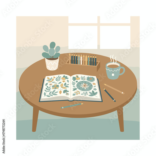 Relaxing indoor scene with adult coloring book colored pencils and warm tea Hobby for stress relief