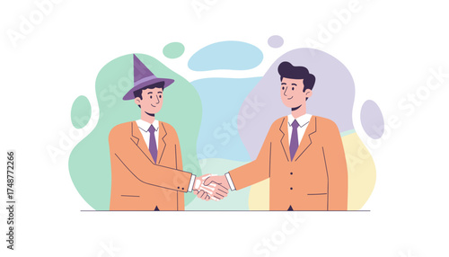 Magical business deal Two men shake hands one with a wizard hat and skeletal hand Unique partnership