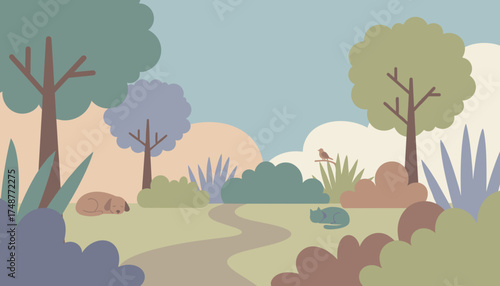 Peaceful minimalist park scene with sleeping dog cat and bird Nature relaxation harmony