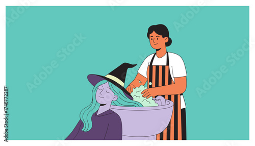 Witch gets a relaxing hair wash at the salon Selfcare beauty and fantasy concept illustration