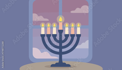 Lit Hanukkah menorah by a window at twilight symbolizing holiday warmth tradition and celebration