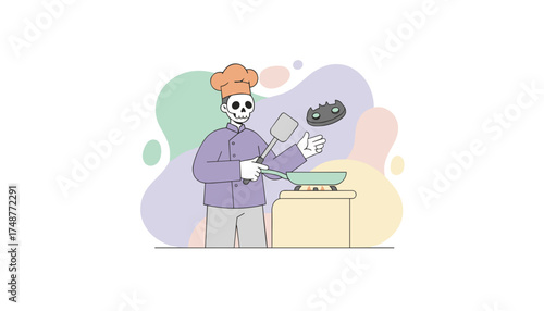 Skeleton chef in hat flipping food in pan Humorous Halloween cooking illustration culinary creativity