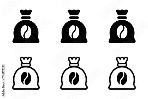 Six stylish black and white coffee bean bag icons for your design needs