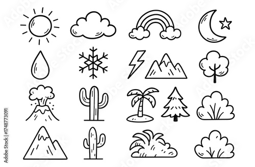 Minimalist outdoors icons: sun, cloud, rainbow, moon, and nature elements in black and white