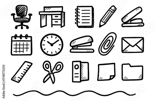 Hand drawn office icons featuring desk supplies in doodle style
