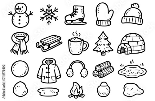 Whimsical winter doodle set: snowman, mittens, igloo, and more