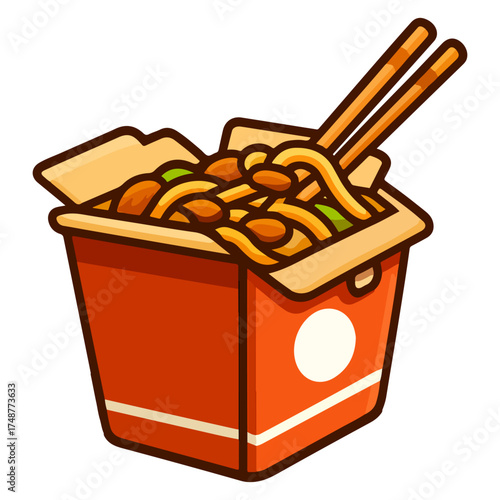 Cute cartoon noodles in a red takeout box with chopsticks isolated on white background. Asian street food vector illustration, perfect for restaurant menus, stickers and delivery branding.