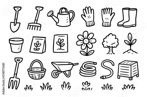 Charming garden tools and elements collection in hand drawn doodle style for nature enthusiasts