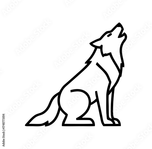 Simple Black Outline of a Howling Wolf Sitting on the Ground Isolated on White