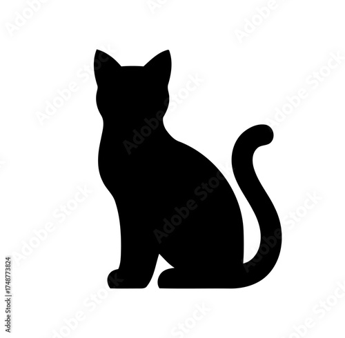 Silhouette of Seated Feline Pet Animal with Curled Tail against White Background