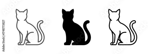 Three simplified cat illustrations, in black and white, rendered as vector graphics