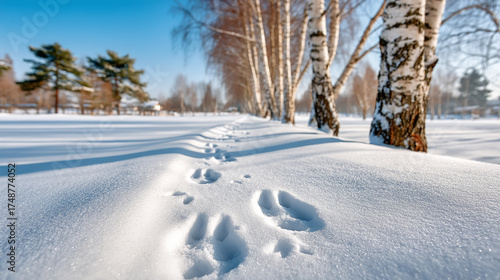 Animal tracks winding through pristine snowy path in winter forest