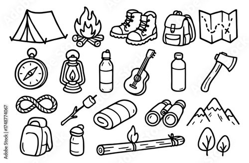 Camping adventure essentials in hand-drawn style for outdoor exploration