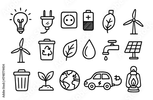 Eco-friendly energy and sustainability icons in simple line art style