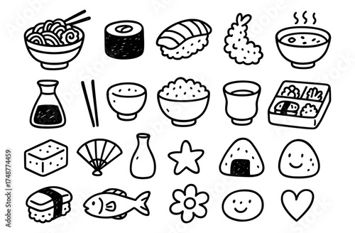 Hand drawn japanese food icons: sushi, ramen, bento, soy sauce, chopsticks