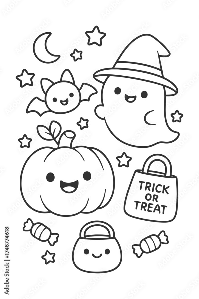 Naklejka premium A fun collection of cartoon vector illustrations featuring funny children character set with a smile - Halloween doodle coloring