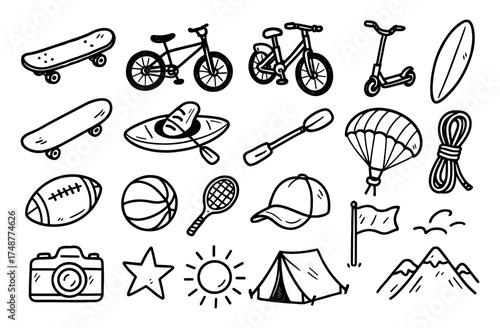 Hand drawn outdoor adventure and sports doodles featuring bikes, skateboards, and camping gear